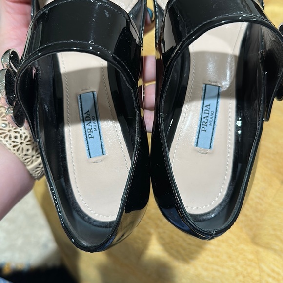 Prada Glossy Leather Block Heels with Silver Flower - Picture 5 of 11
